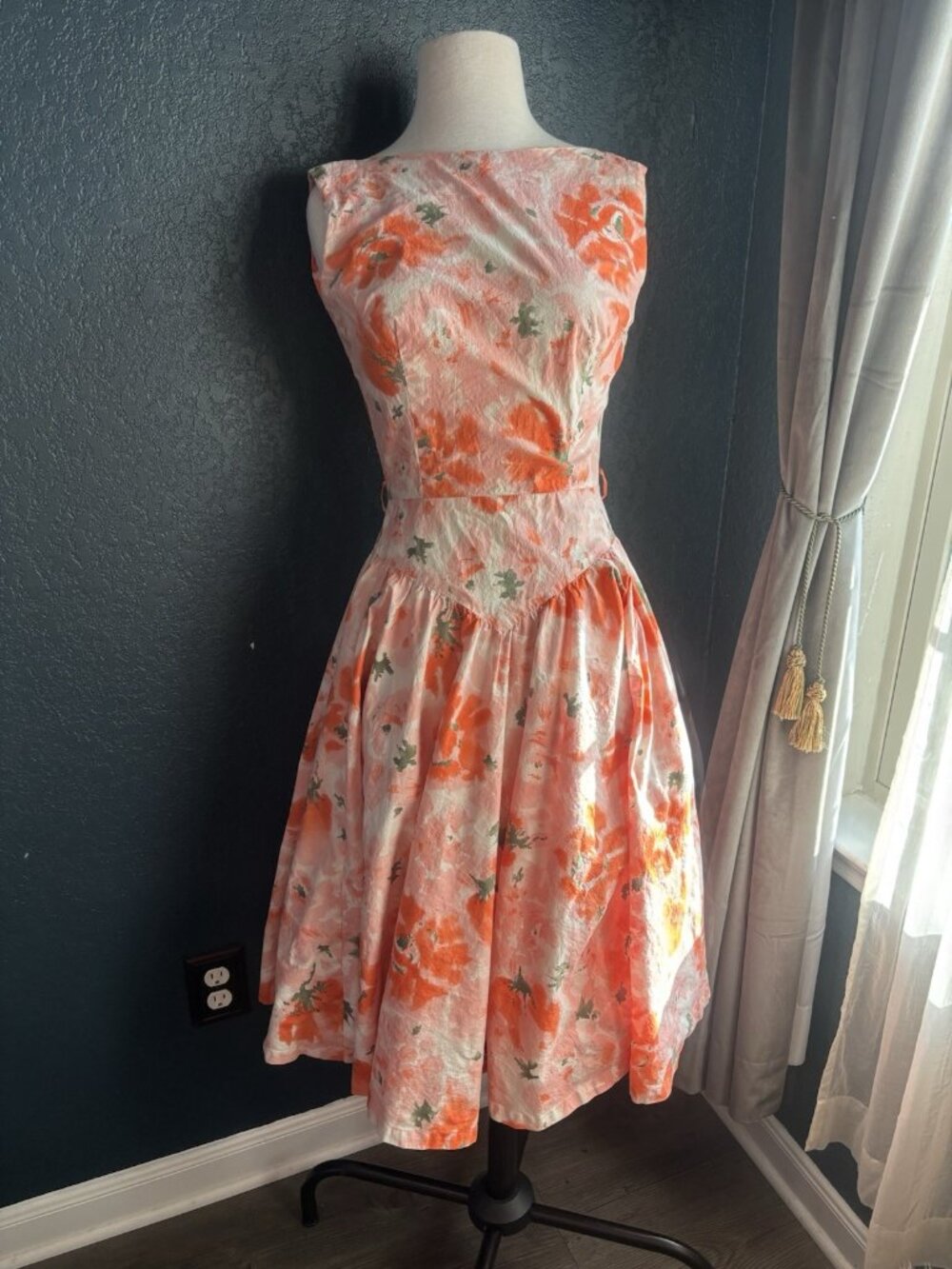 Adorable 50s Floral Coral White Dress Fit Flare Sz S Vintage